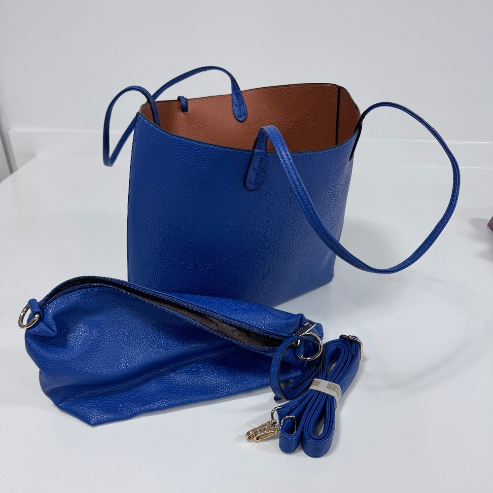Royal Blue faux leather tote bag with hands, long strap and inner bag